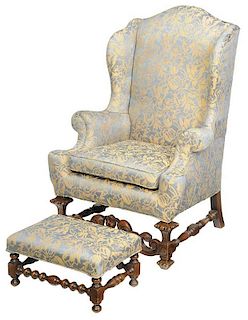 Restoration Style Carved Wing Chair, Footstool