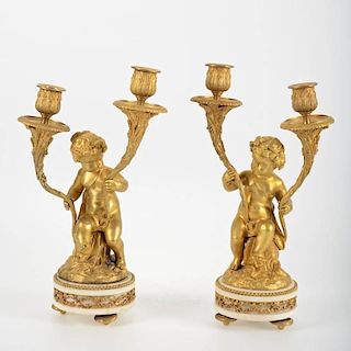 Pair Louis XVI style gilt bronze 2-light candelabra