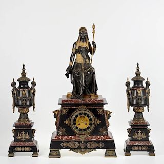 Egyptian Revival bronze and marble clock garniture