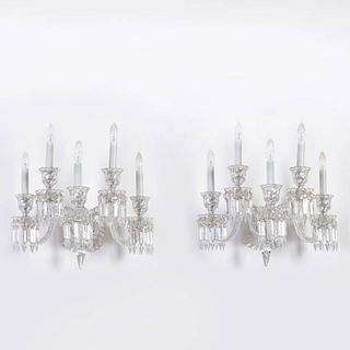 Pair signed Baccarat glass 5-light wall sconces