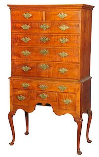 New England Queen Anne Tiger Maple High Chest