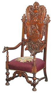 Renaissance Style Figural Dog-Carved Armchair