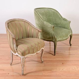 (2) Louis XV green and cream painted bergeres