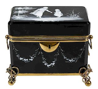 Mary Gregory Style Black Glass Casket Box