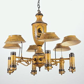 French yellow ochre tole peinte 5-light chandelier