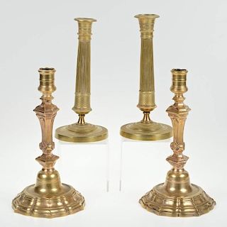 (2) pairs Empire and Regence brass candlesticks