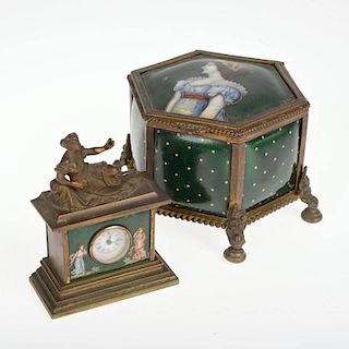 Bronze mounted Limoges enamel clock and box