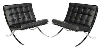 Pair Black Leather Upholstered Barcelona Chairs
