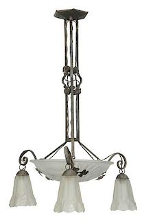 French Art Deco Wrought Iron and Glass Fixture