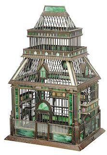 Arts and Crafts Brass and Slag Glass Bird Cage