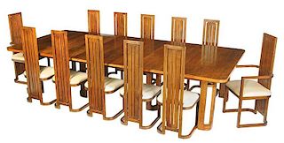Frank Lloyd Wright Style Dining Table, 12 Chairs