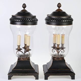 Pair large black toleware lantern table lamps