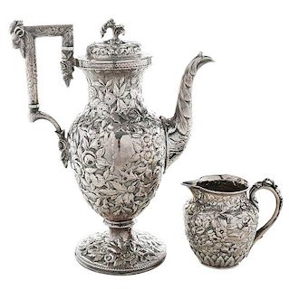 Kirk Repousse Coin Silver Coffee, Creamer