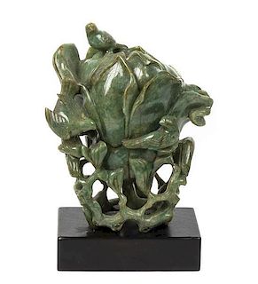 A Chinese Lotus Form Mineral Carving of Birds within Branches, Height 10 1/4 x width 8 1/2 x depth 5 1/2 inches.