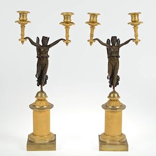 Pair Empire gilt, patinated bronze 2-light candelabra