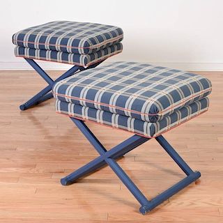 Pair decorator painted pillow top X-form stools