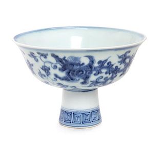 A Blue and White Porcelain Stem Bowl Height 3 1/2 inches.