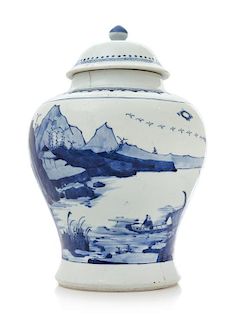 * A Blue and White Porcelain Covered Jar, Jiangjunguan Height 11 1/2 inches.