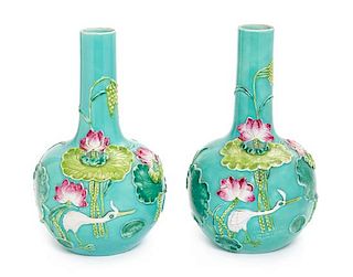 A Pair of Fahua Style Porcelain Bottle Vases Height of each 8 5/8 inches.