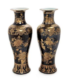 * A Pair of Gilt Decorated Black Glazed Porcelain Vases Each height 11 3/4 inches.