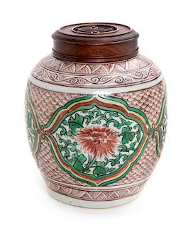 A Famille Verte Porcelain Ginger Jar and Cover Height 8 inches.