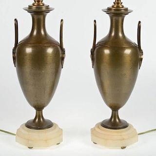 Pair Neo-Grec patinated bronze urn lamps