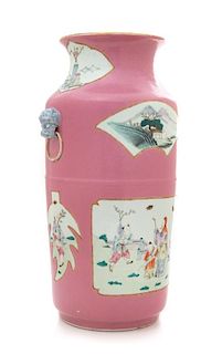 A Pink Ground Famille Rose Porcelain Vase Height 16 inches.