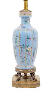 A Blue Ground Famille Rose Porcelain Vase Height of vase 12 1/4 inches.