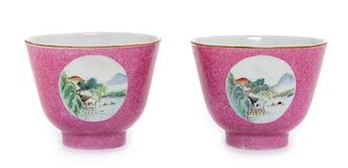 * A Pair of Pink Enameled Sgrafitto Porcelain Wine Cups Diameter of each 3 1/2 inches.