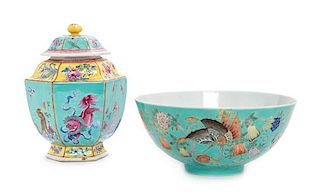* Two Turquoise Ground Famille Rose Porcelain Articles Diameter of bowl 7 5/8 inches.