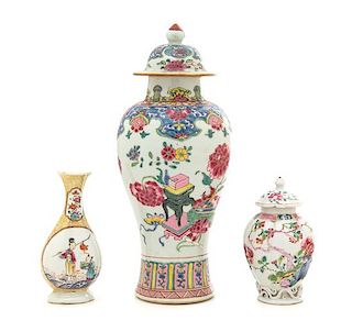 Three Famille Rose Porcelain Vases Height of tallest 11 inches.