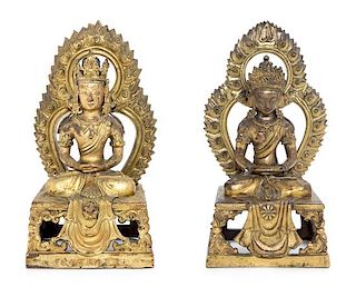 * Two Sino-Tibetan Gilt Bronze Figures of Amitayus Height of taller 8 1/2 inches.