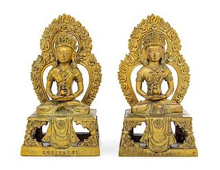 * Two Sino-Tibetan Gilt Bronze Figures of Amitayus Height of each 8 1/8 inches.