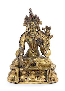 * A Sino-Tibetan Gilt Bronze Figure of Tara Height 6 1/2 inches.