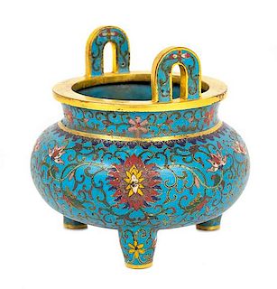 A Cloisonne Enamel Tripod Incense Burner Height 4 3/4 inches.