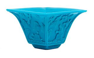 * A Turquoise-Blue Peking Glass Square Bowl Height 4 3/8 inches.