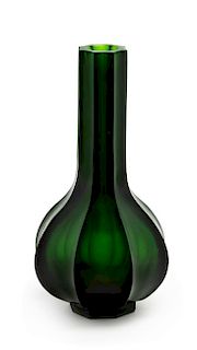 * An Emerald-Green Glass Octagonal Bottle Vase Height 8 inches.