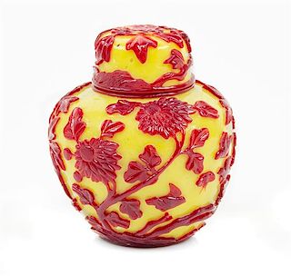 * A Red Overaly Yellow Peking Glass Ginger Jar and Cover Height 5 inches.