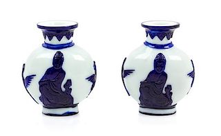 * A Pair of Sapphire-Blue Overlay White Peking Glass Bottle Vases Height 5 3/4 inches.