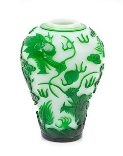 * A Green Overlay White Peking Glass 'Dragon' Vase, Meiping Height 7 1/4 inches.