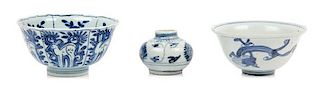 * Three Blue and White Porcelain Articles Diameter of largest 4 7/8 inches.