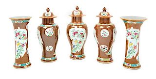 * A Set of Five Chinese Export Cafe-au-Lait Ground Famille Rose Porcelain Garniture Height of tallest 11 inches.