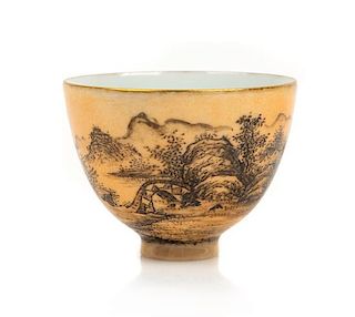 * An Apricot Yellow Ground Grisaille Porcelain Wine Cup Diameter 2 1/2 inches.