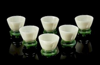 * A Set of Six Celadon Jade Wine Cups and Stands Diameter of each 2 3/4 inches.