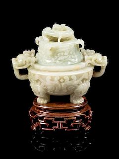 * A Celadon Jade 'Taotie' Incense Burner Height 4 3/4 inches.