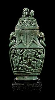 * A Spinach Jade Covered Vase, Fanghu Height 15 inches.