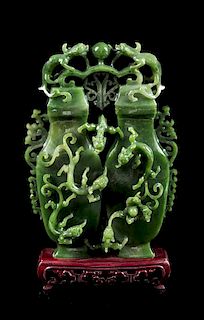 * A Spinach Jade Double Vase Height 8 1/2 inches.