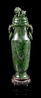 * A Spinach Jade Covered Vase Height 10 1/2 inches.