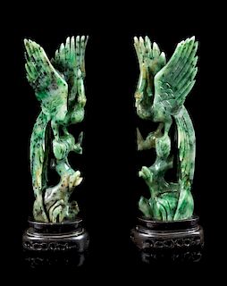* A Pair of Spinach Jade Figures of Birds Height of each 7 3/4 inches.