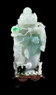 * An Apple Green and Celadon Jadeite Covered Vase Height 7 inches.